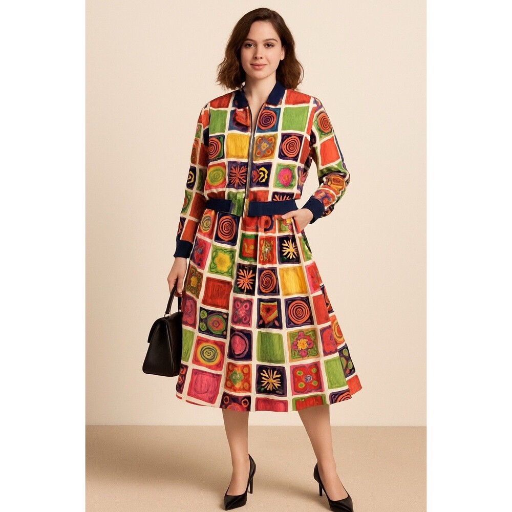Chaus Multicolor Abstract vintage bomber jacket retro 80’s skirt set. Lrg.